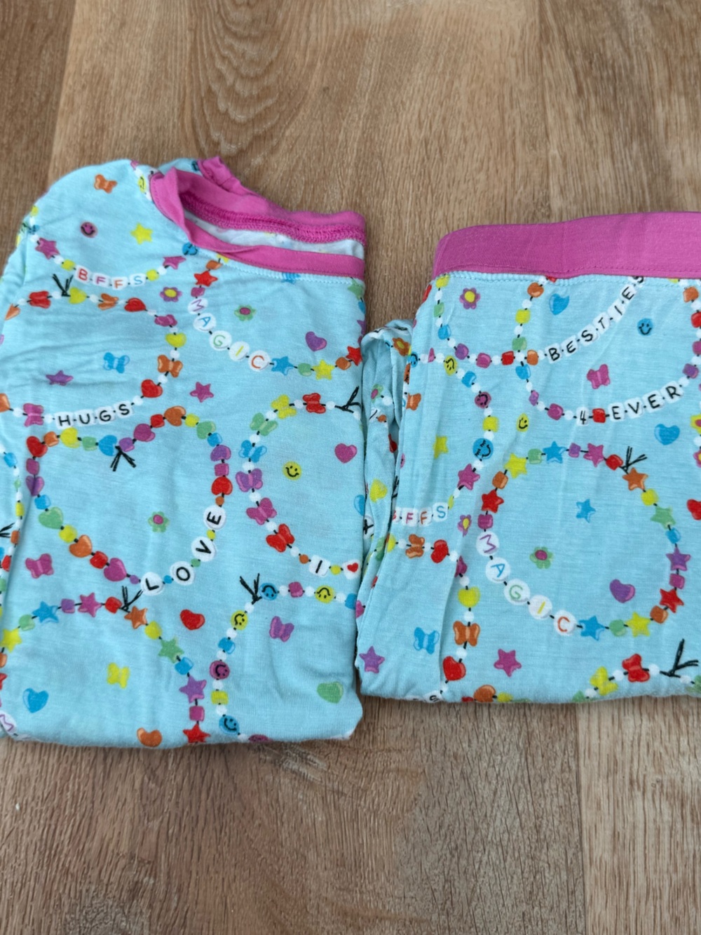 Kids Light Blue Heart Bead Print Pajama Set with Pink Trim Little Sleepies